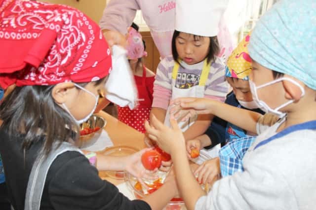 園児達がトマトを使って料理をしている写真
