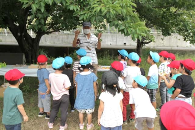 園庭で赤の帽子と水色の帽子を被った園児達が先生の話を聞いている写真
